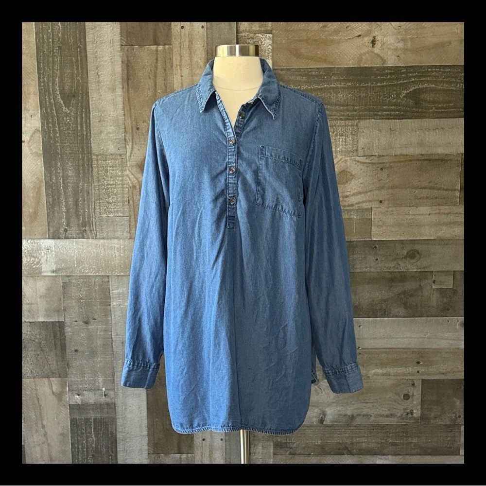 Isabel Maternity denim shirt dress pregnancy large classic preppy gorpcore fall